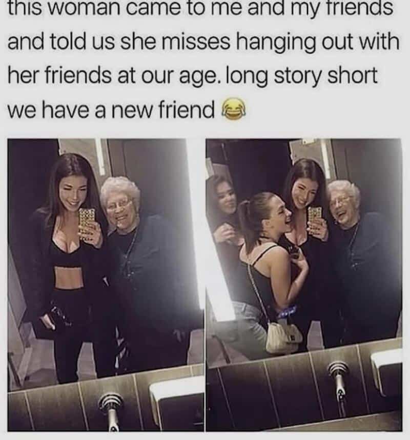 Young woman and elderly woman taking mirror selfies, smiling and laughing.