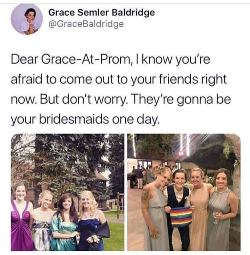 Group of young women in prom dresses and friends at prom, smiling and happy.