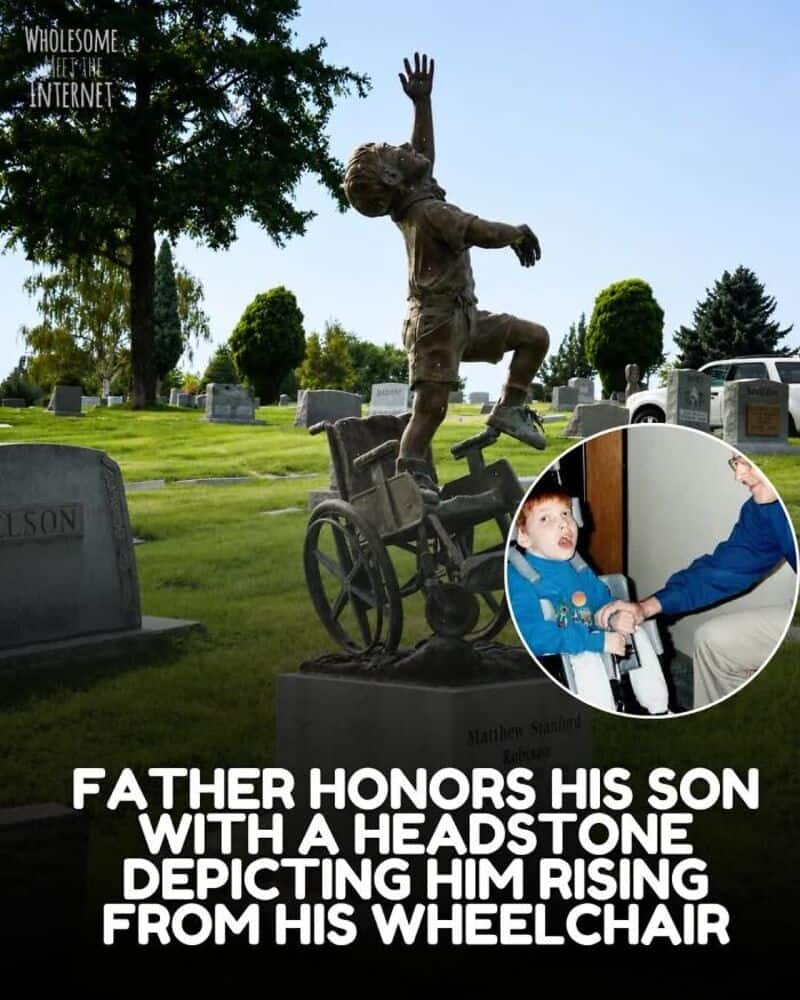 Statue of a boy in a wheelchair with a headstone, with a boy and adult in inset photo.