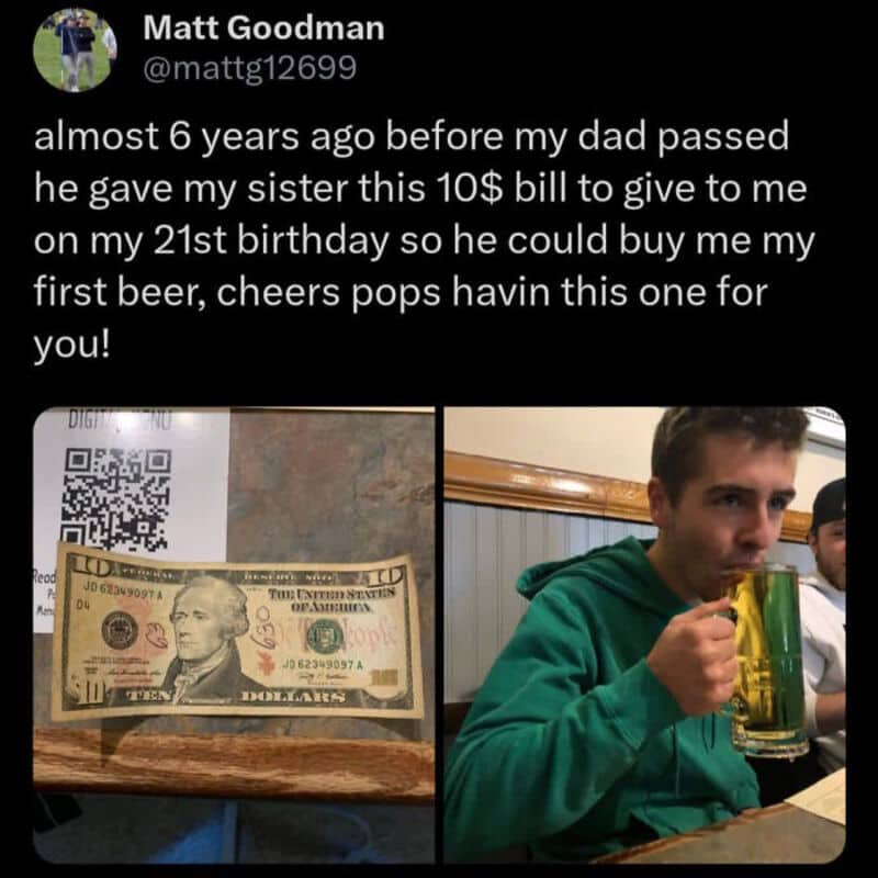 A $10 bill and a young man drinking a beer at a table.