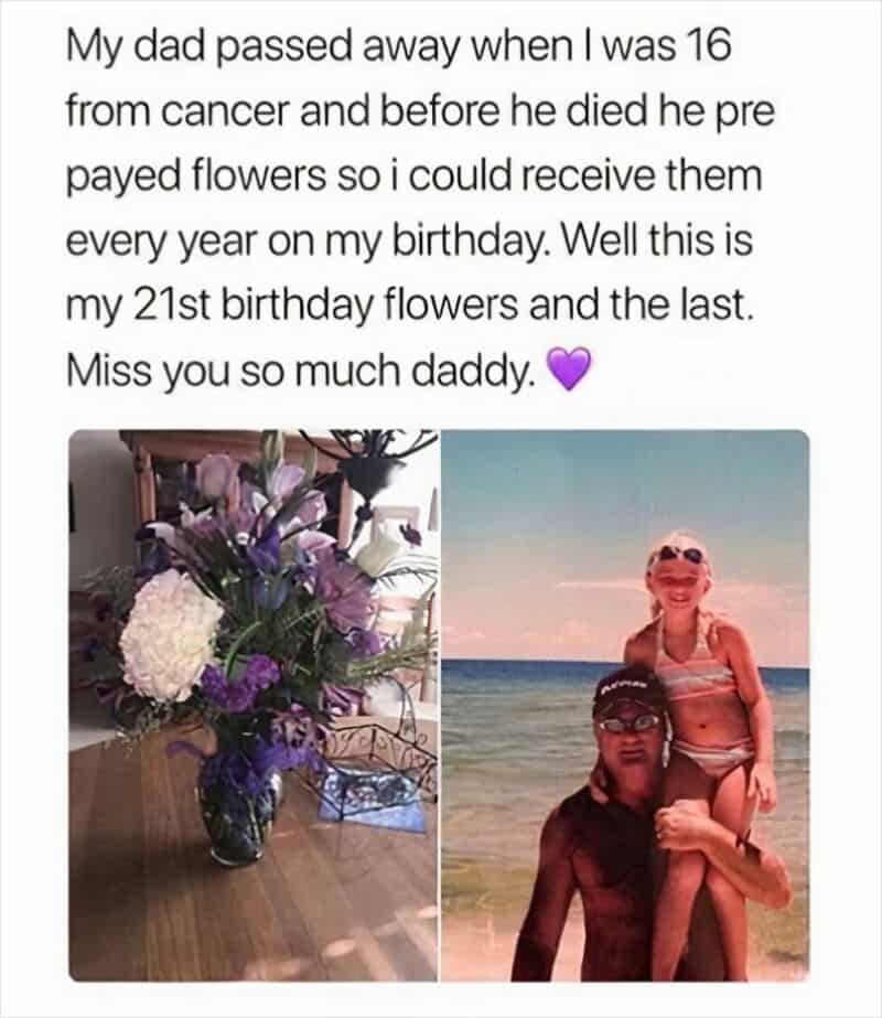 A collage of a flower bouquet and a girl on a man's shoulders at the beach.