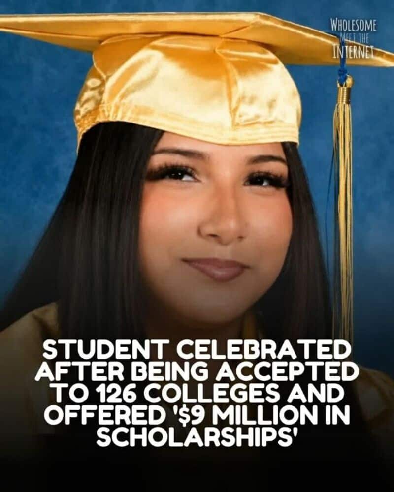 Graduate in cap and gown with text about student acceptance and scholarships.