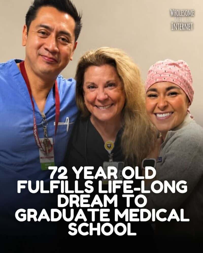 Three smiling medical professionals, one in scrubs and two in casual wear, celebrating.