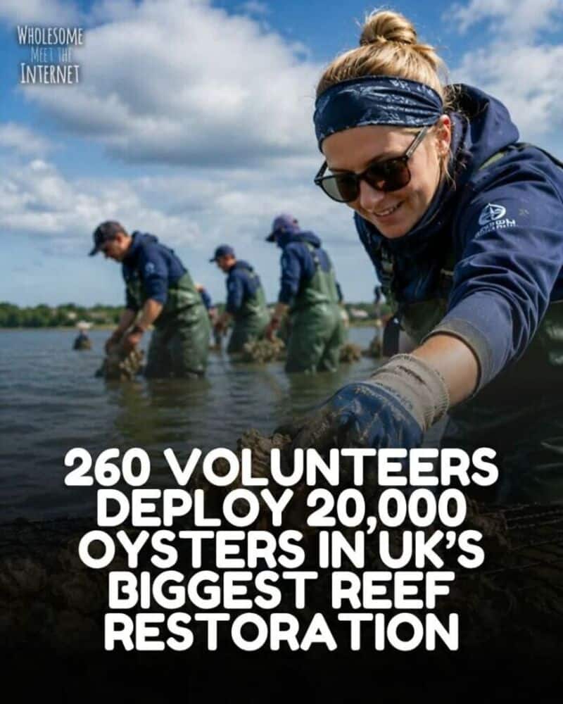 Group of volunteers planting oysters in a river, smiling and working together.