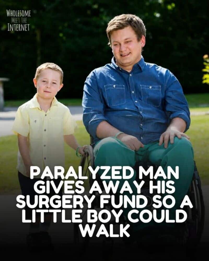 Paralyzed man in wheelchair with young boy, both smiling outdoors.