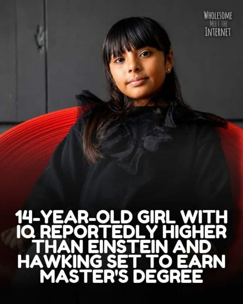 14-year-old girl with high IQ, sitting in a black gown, with a red chair behind her.