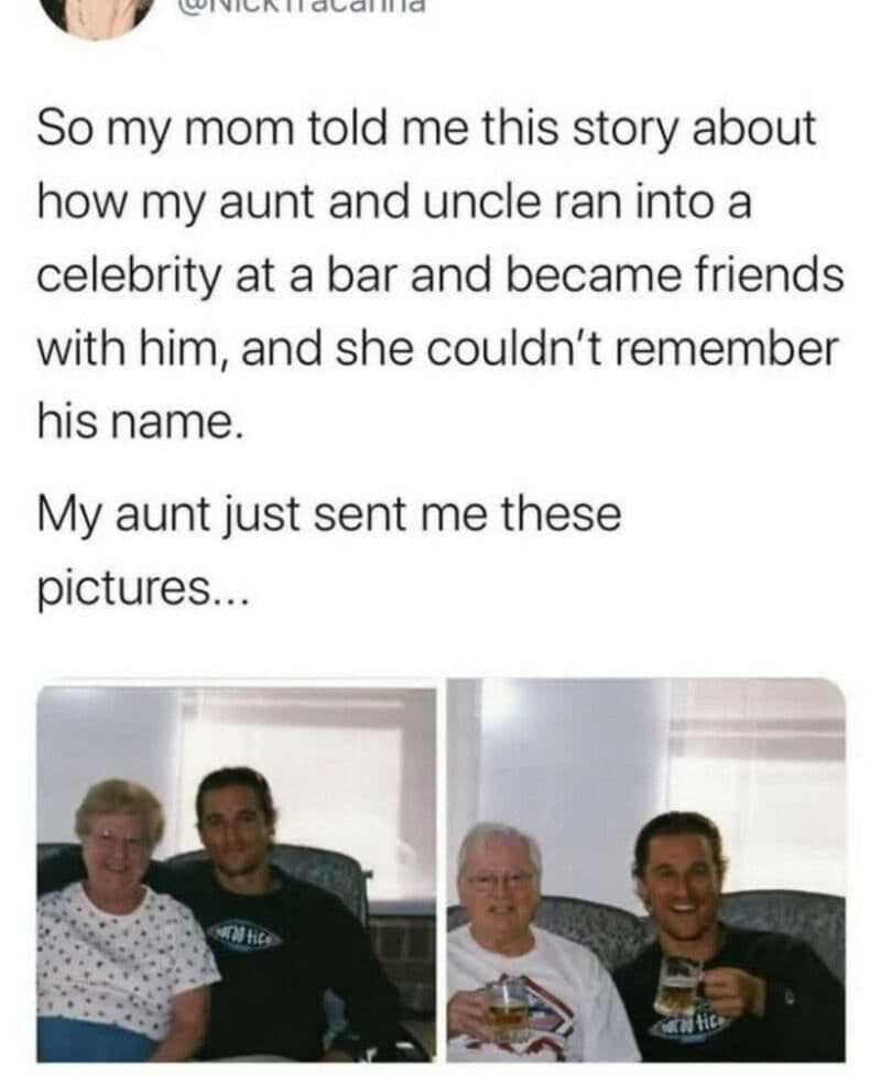 Story about aunt and uncle meeting a celebrity at a bar, with photos.