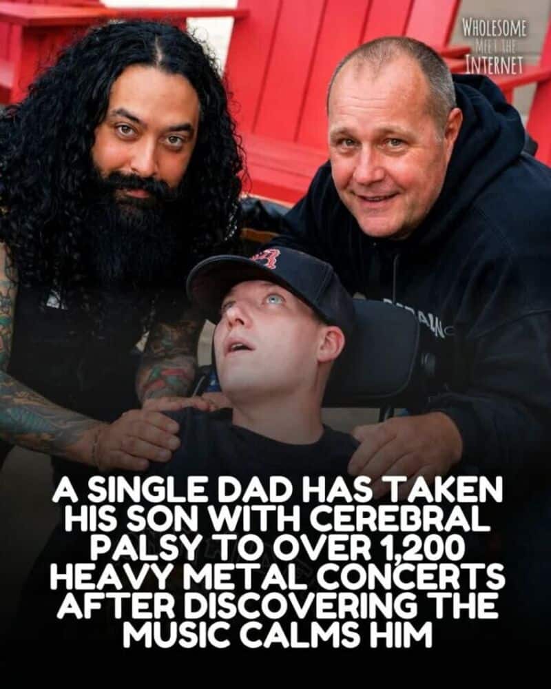 Single dad with son with cerebral palsy at heavy metal concert.
