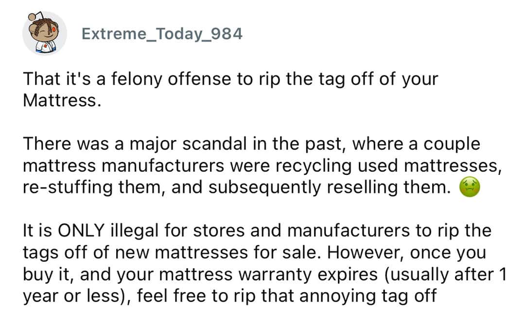 Felony offense warning about ripping mattress tags, resale restrictions, and warranty expiration.
