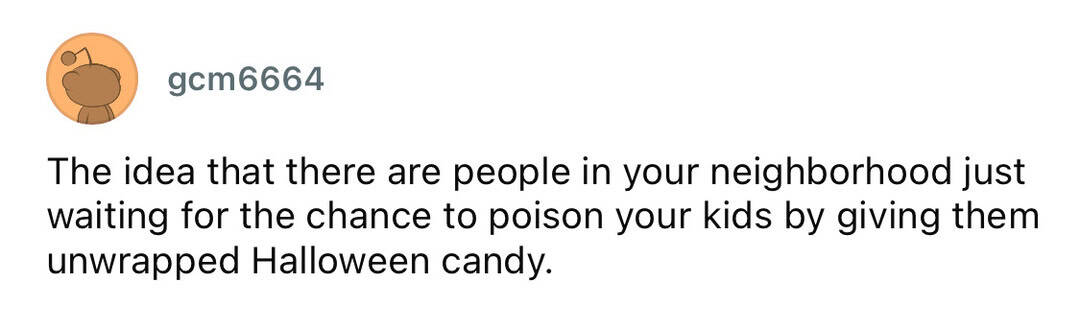 A person holding a bag of Halloween candy with a caption about neighborhood dangers.