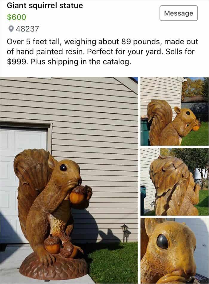Giant squirrel statue made of hand painted resin, over 5 feet tall, weighs 89 pounds, for yard decor.