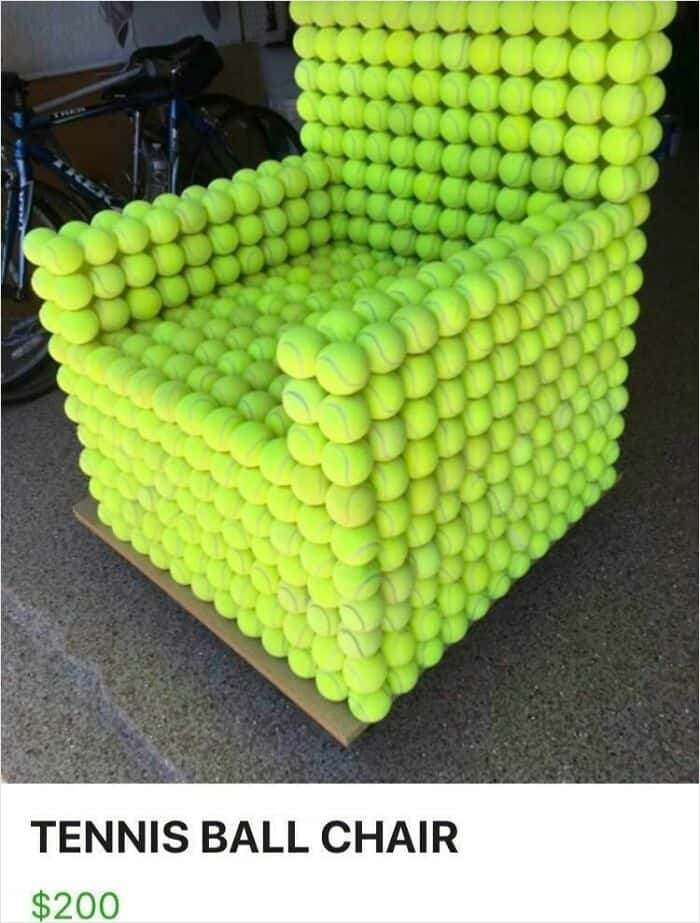 Tennis ball chair made of numerous bright yellow tennis balls.