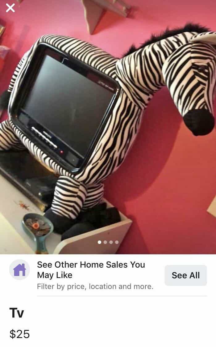 Zebra stuffed animal with TV on its belly, pink wall background.