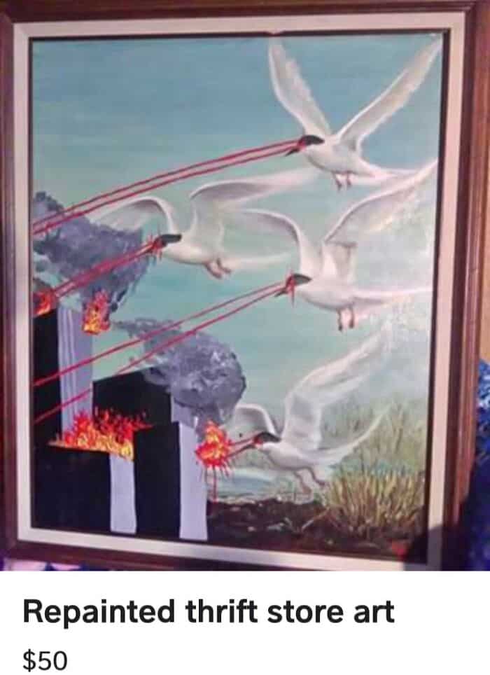 Artistic painting of doves attacking buildings with laser beams, symbolizing conflict or destruction.