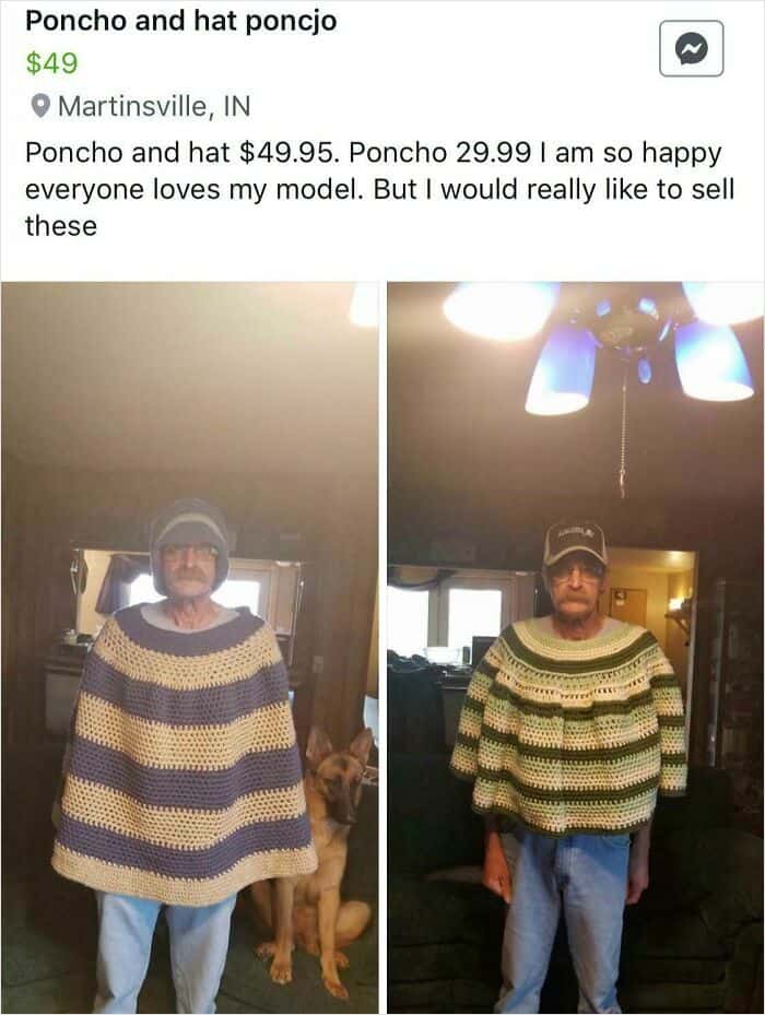 Poncho and hat poncho, man wearing striped poncho and hat, indoor setting with ceiling fan.