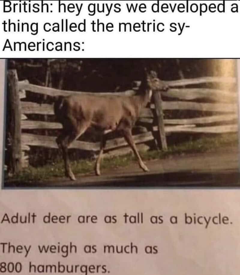 British joke about adult deer being as tall as a bicycle and weighing as much as 800 hamburgers.