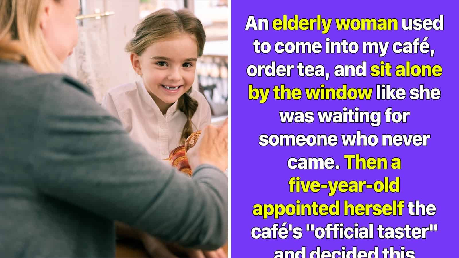An elderly woman sitting alone by the window in a café, talking to a young girl.