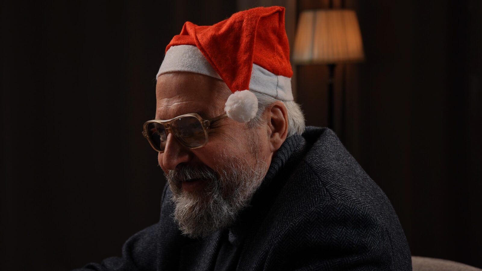 Man with a beard wearing a Santa hat and glasses, smiling.