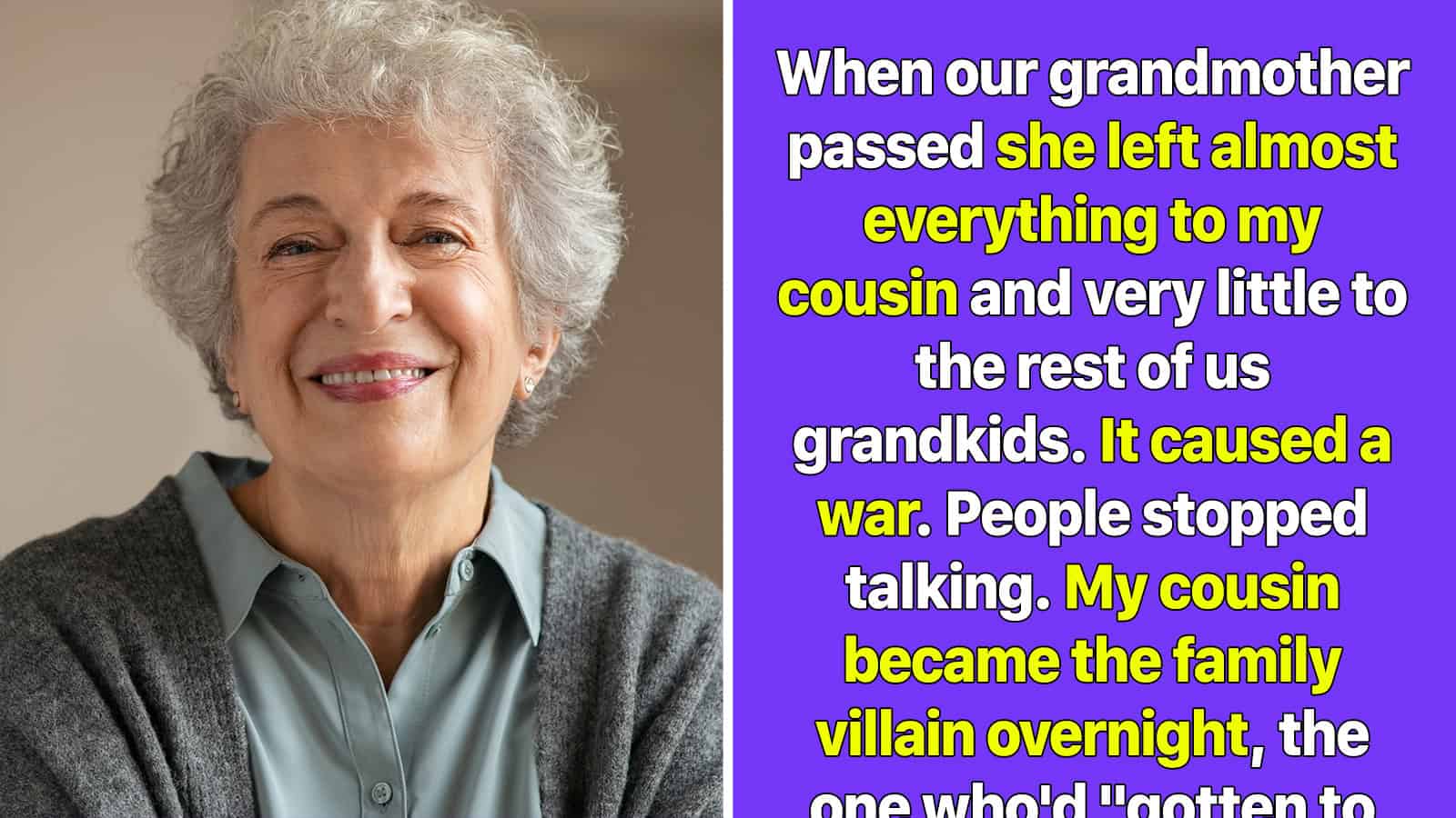 Smiling elderly woman with gray curly hair wearing a blue shirt and gray cardigan.