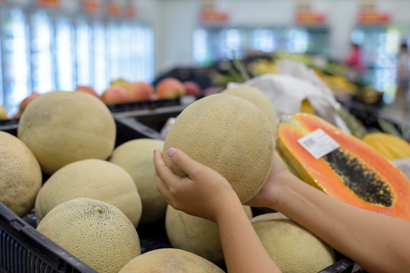 Person holding a cantaloupe melon in a grocery store produce section.