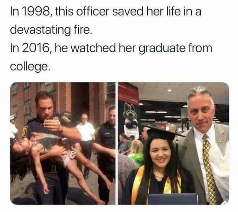 Officer saving woman in fire in 1998, woman graduating college in 2016.