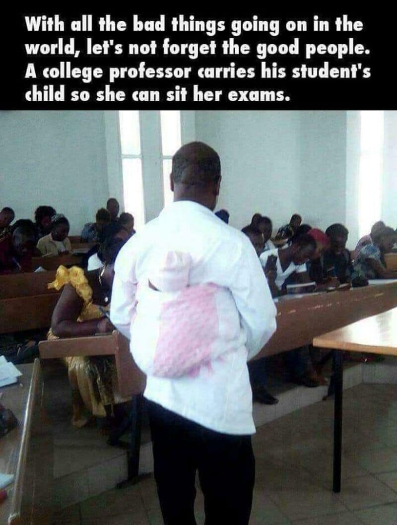 College classroom with students and a teacher, text overlay about good people and exams.
