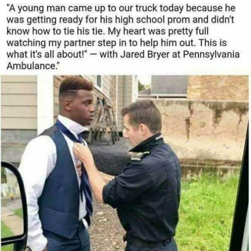 Young man helping a boy with his tie, outdoors, with a quote about high school prom.