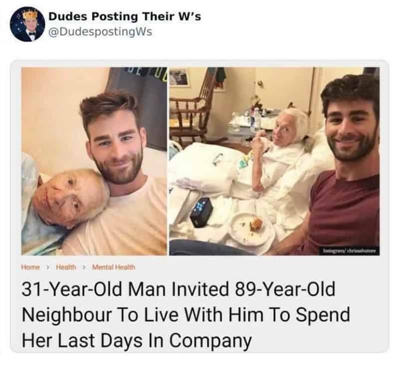 Young man with a dog and an elderly woman in a hospital bed.