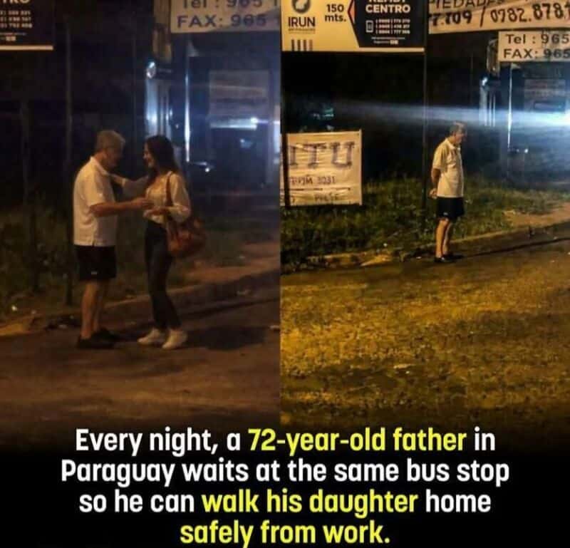 A 72-year-old father waits at a bus stop in Paraguay to walk his daughter home safely.
