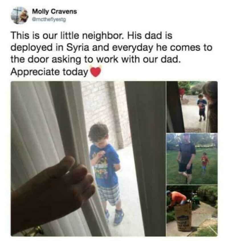 Little boy at the door asking to work with dad, neighbor's son, deployed in Syria.