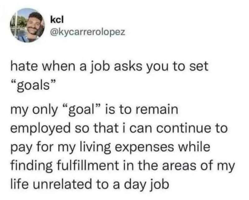 A tweet about goals and employment, expressing a desire to stay employed for living expenses.