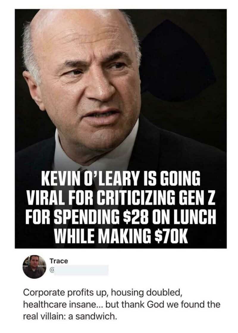 Kevin O'Leary is going viral for criticizing Gen Z for spending $28 on lunch while making $70K.
