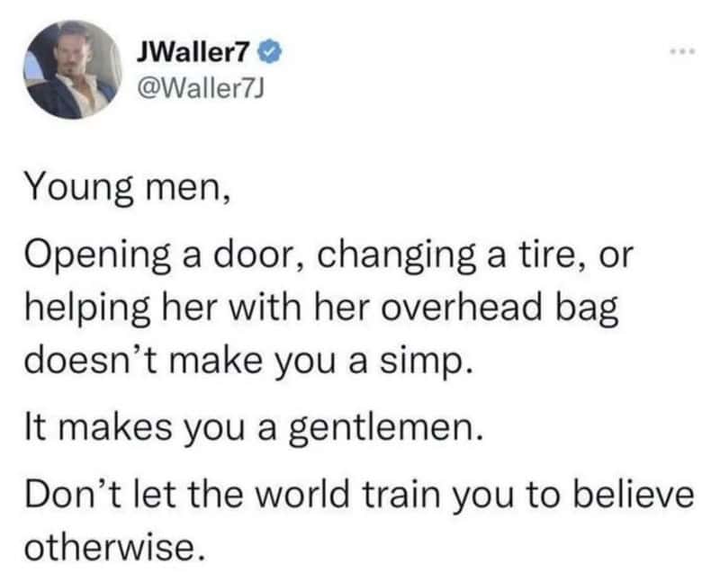 Young men helping with door, tire, or bag, showing kindness and respect.