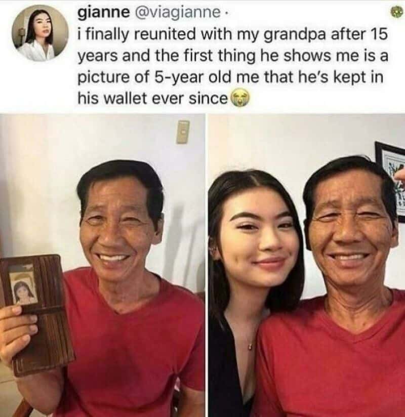Grandpa showing a picture of a 5-year-old to his granddaughter after 15 years.