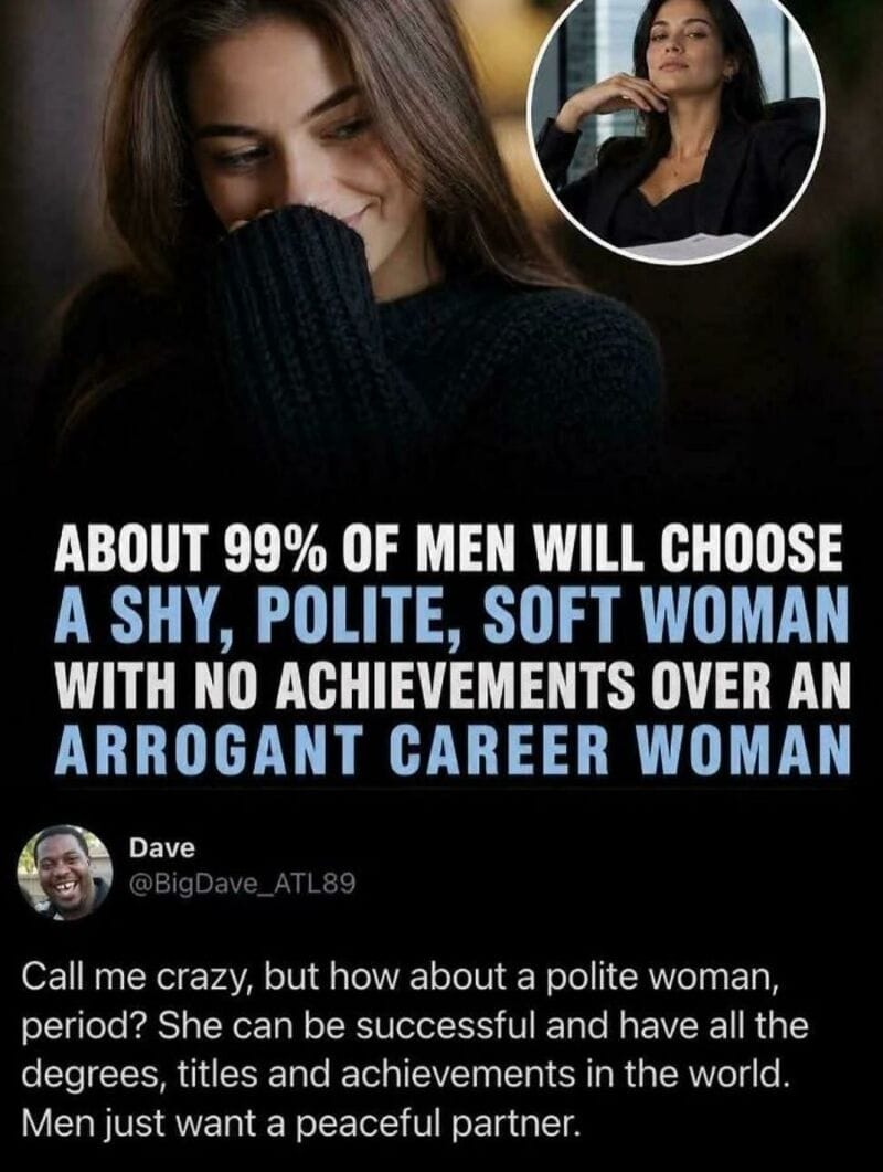 About 99% of men prefer a shy, polite, soft woman over an arrogant career woman.