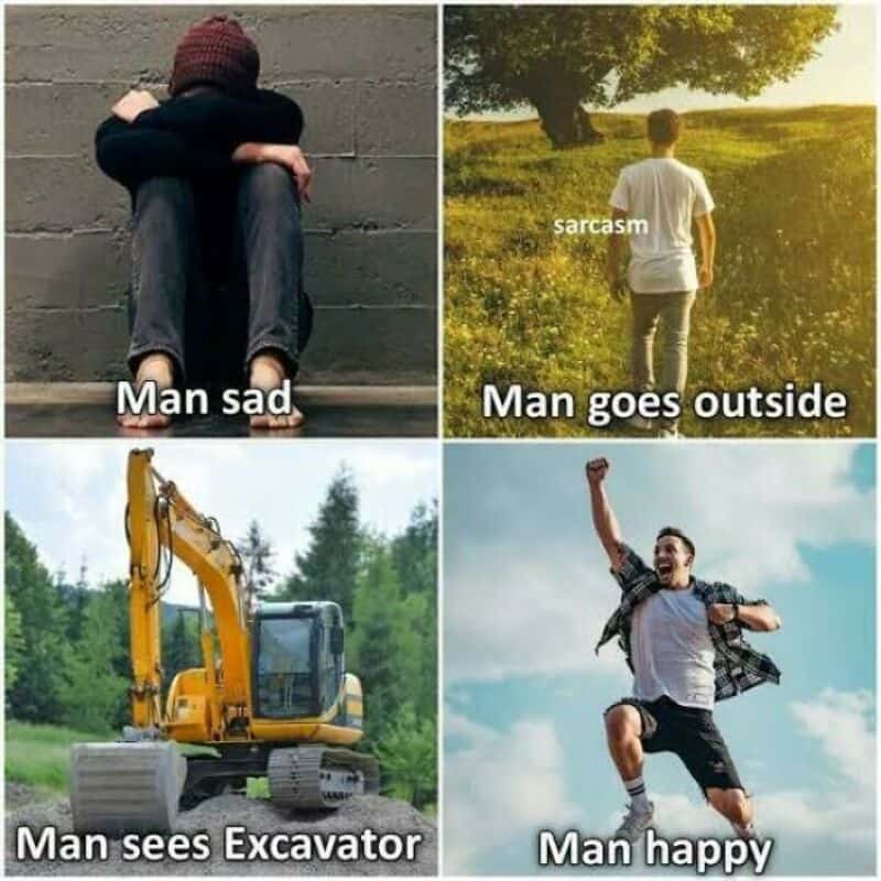 Four images showing different moods and activities of men with captions.