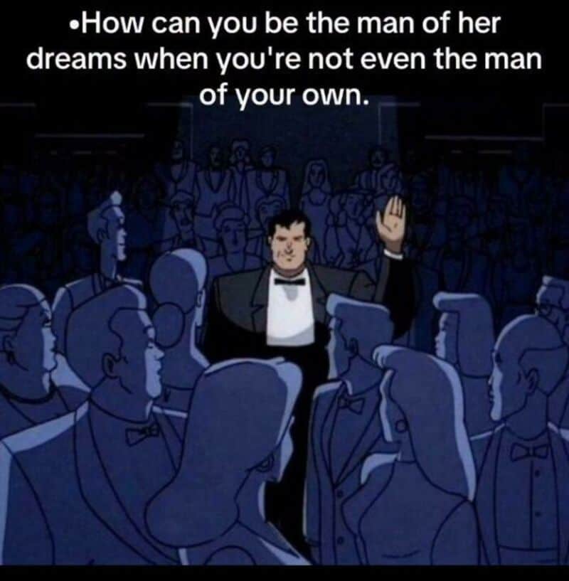 Man in tuxedo raising hand among crowd with quote about being the man of her dreams.