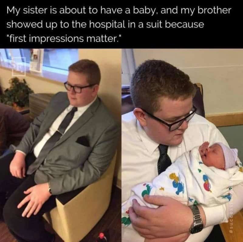 Brother in suit visits sister with newborn baby in hospital, first impressions matter.