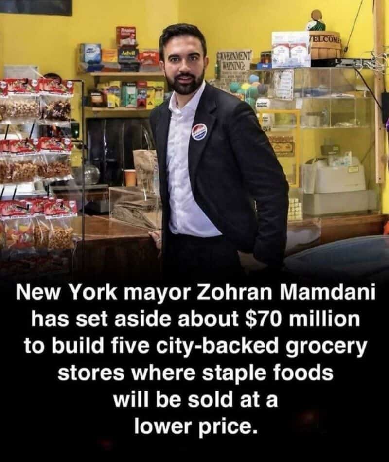 New York mayor Zohran Mamdani in a grocery store with text about his $70 million plan.