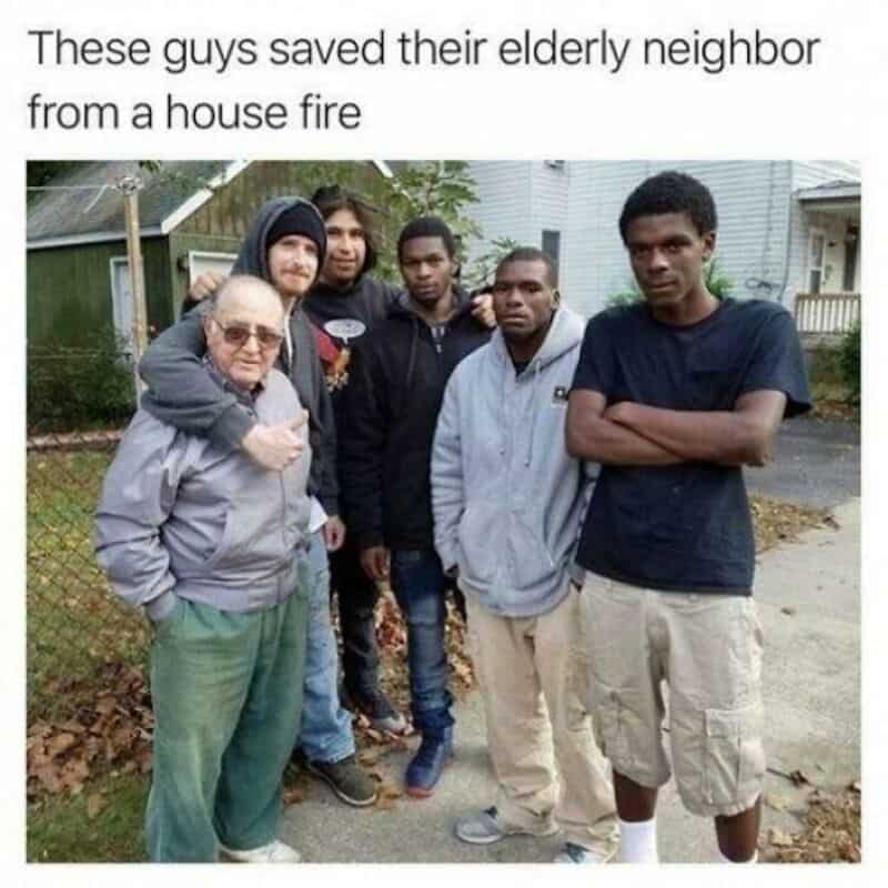 Group of young men and an elderly man outside, with a caption about saving an elderly neighbor froma.