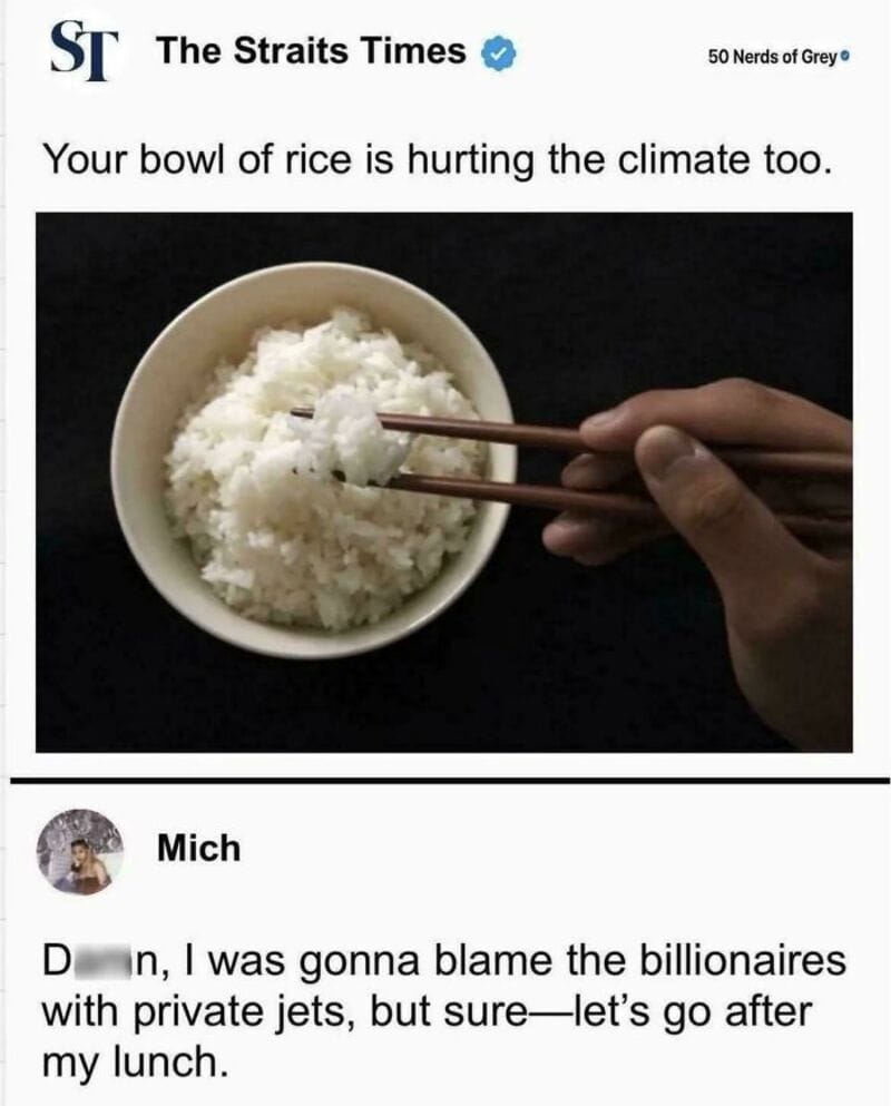 A bowl of rice with chopsticks, with text about rice hurting the climate.