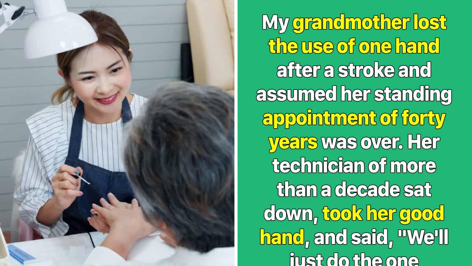 Granddaughter holding grandmother's hand during a nail appointment.