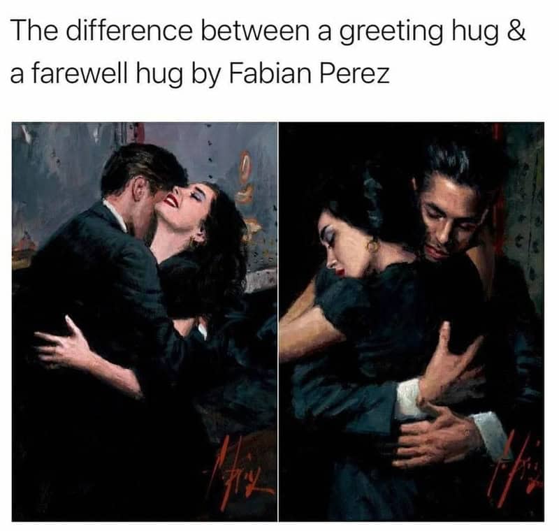 A woman and man embracing in two different styles: greeting hug and farewell hug, by Fabian Perez.