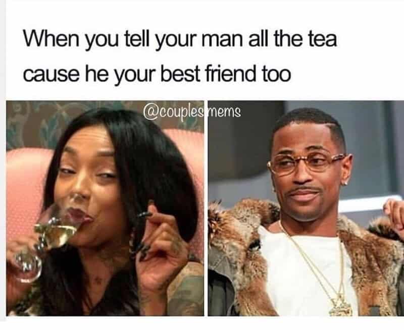 A woman drinking tea and a man with a dog, with text above them.