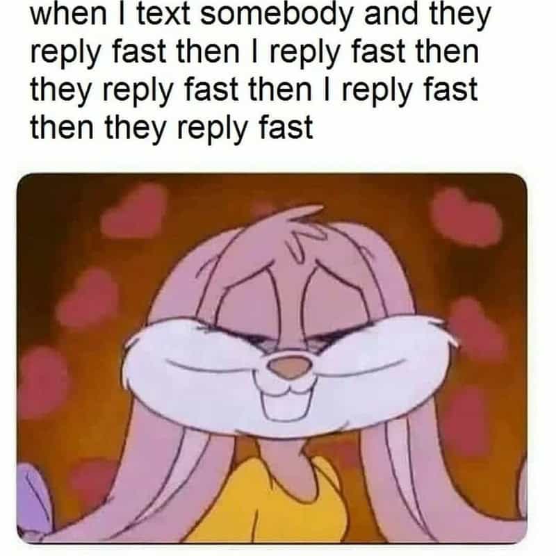 Fast reply meme with cartoon rabbit character surrounded by pink hearts.