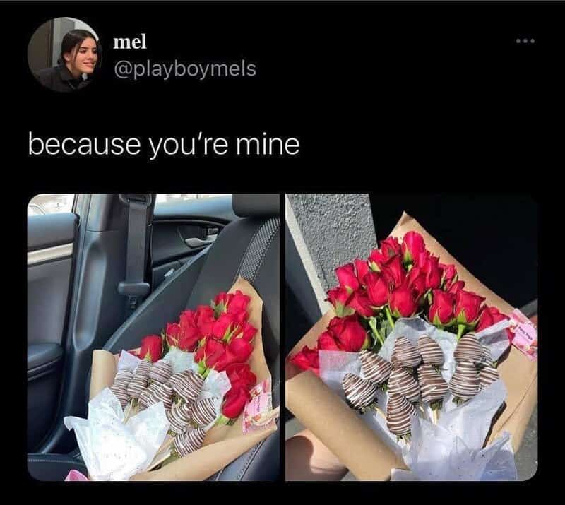 A woman’s tweet showing a bouquet of red roses with a striped ribbon, placed on a car seat.