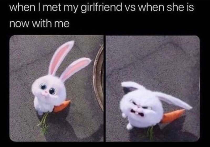 A rabbit plush toy with big eyes and long ears, shown in two different expressions.