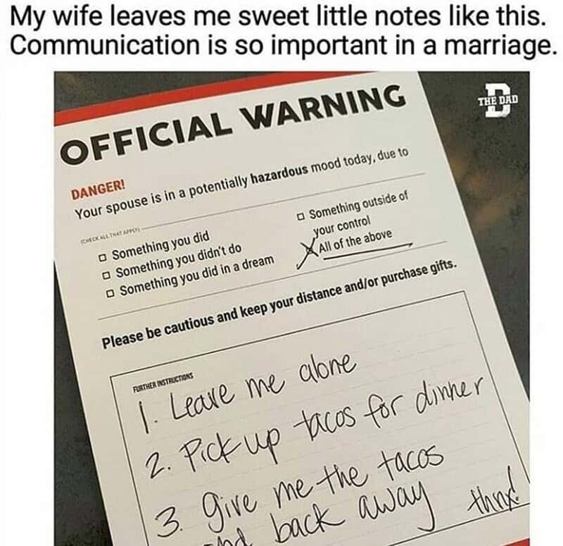 Official warning note about a potentially hazardous mood and instructions for a spouse.