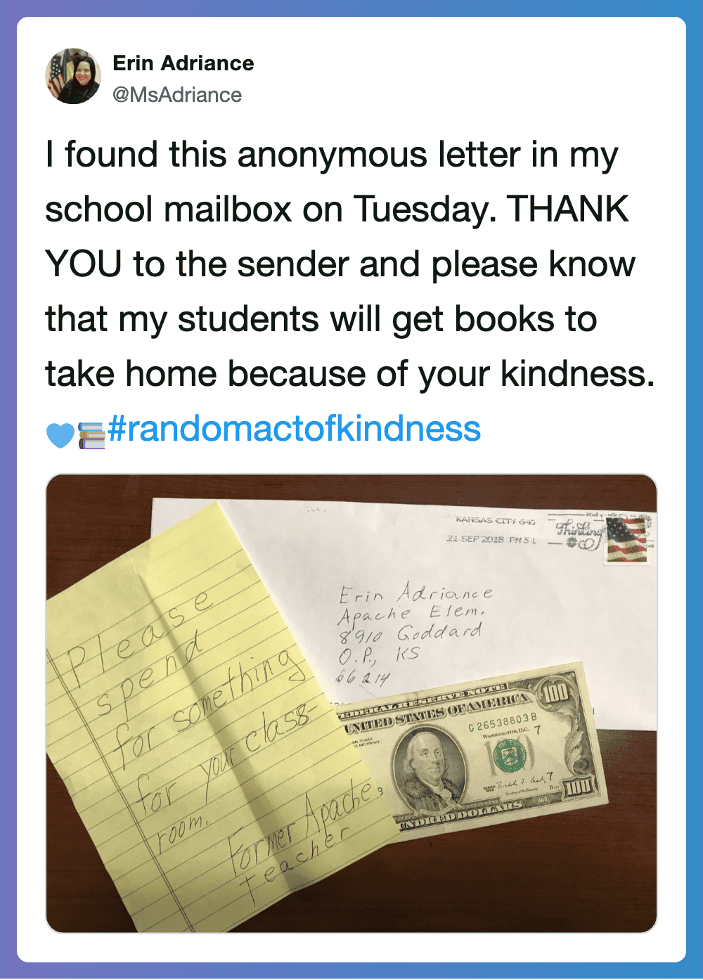 I found this anonymous letter in my school mailbox on Tuesday. THANK YOU to the sender and please kn.