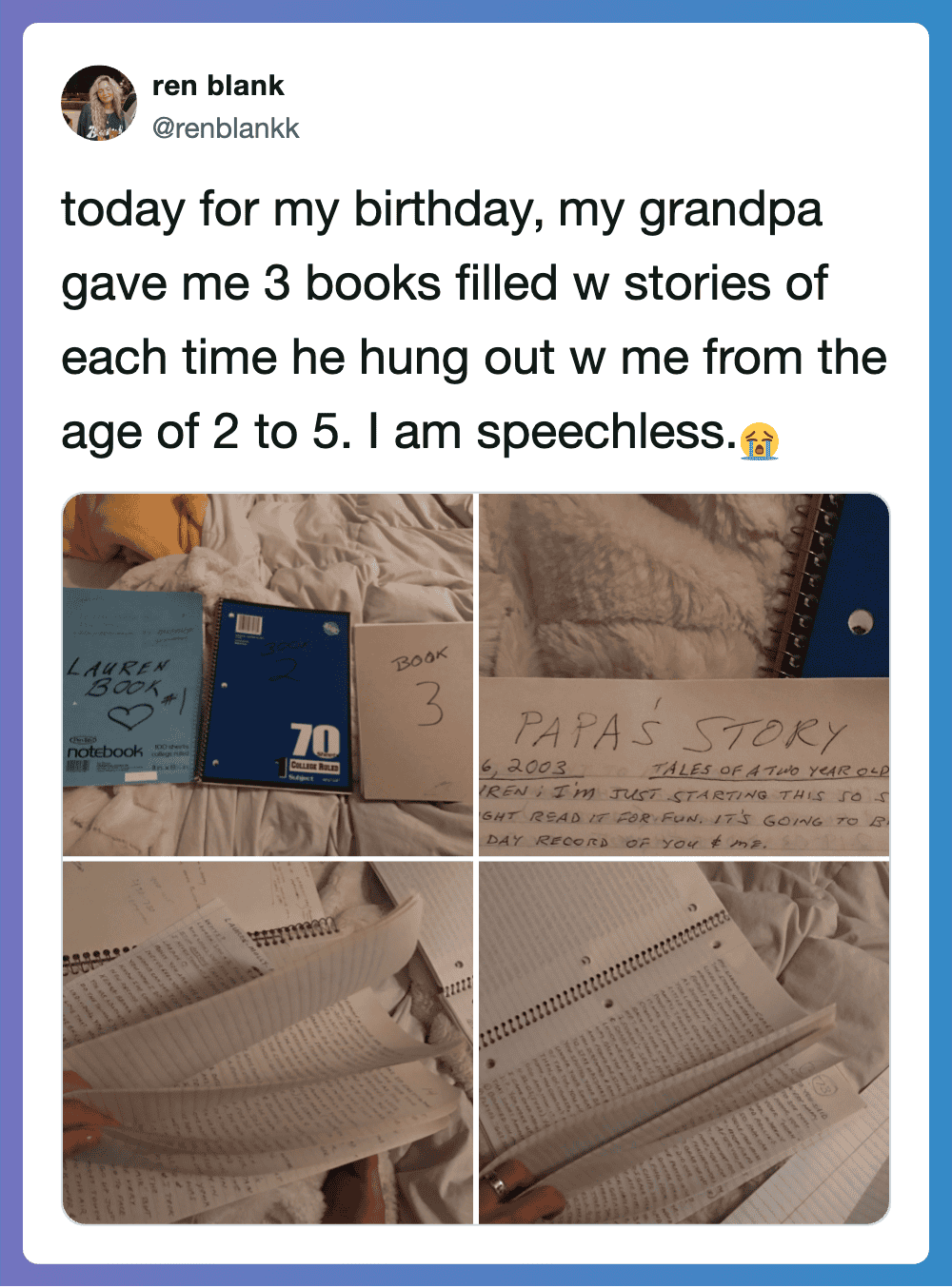 A grandpa gave three books filled with stories for birthday celebration.